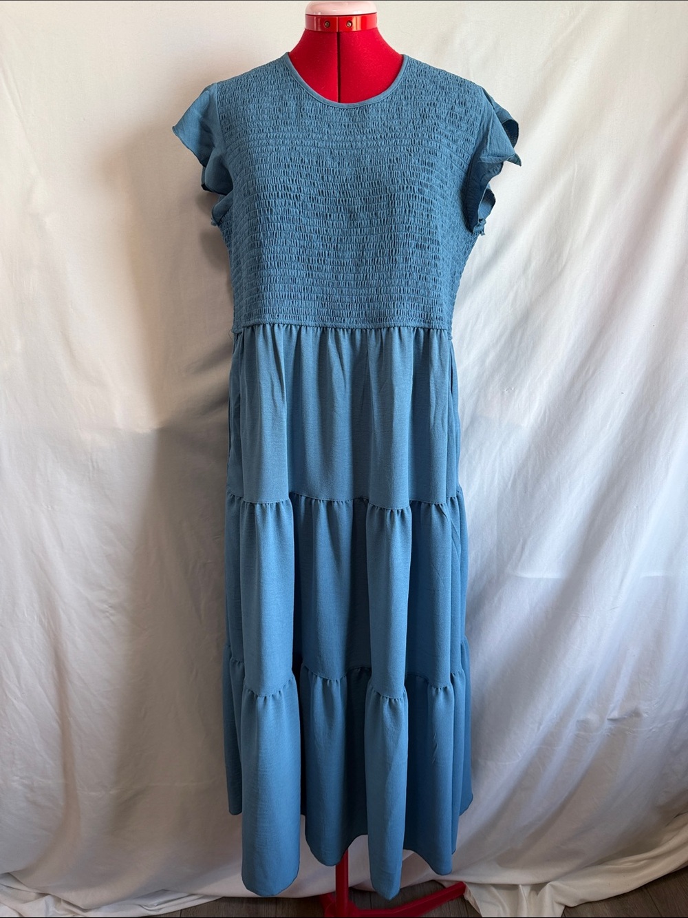 Smocked Bodice Tiered Maxi Dress in Dusty Blue